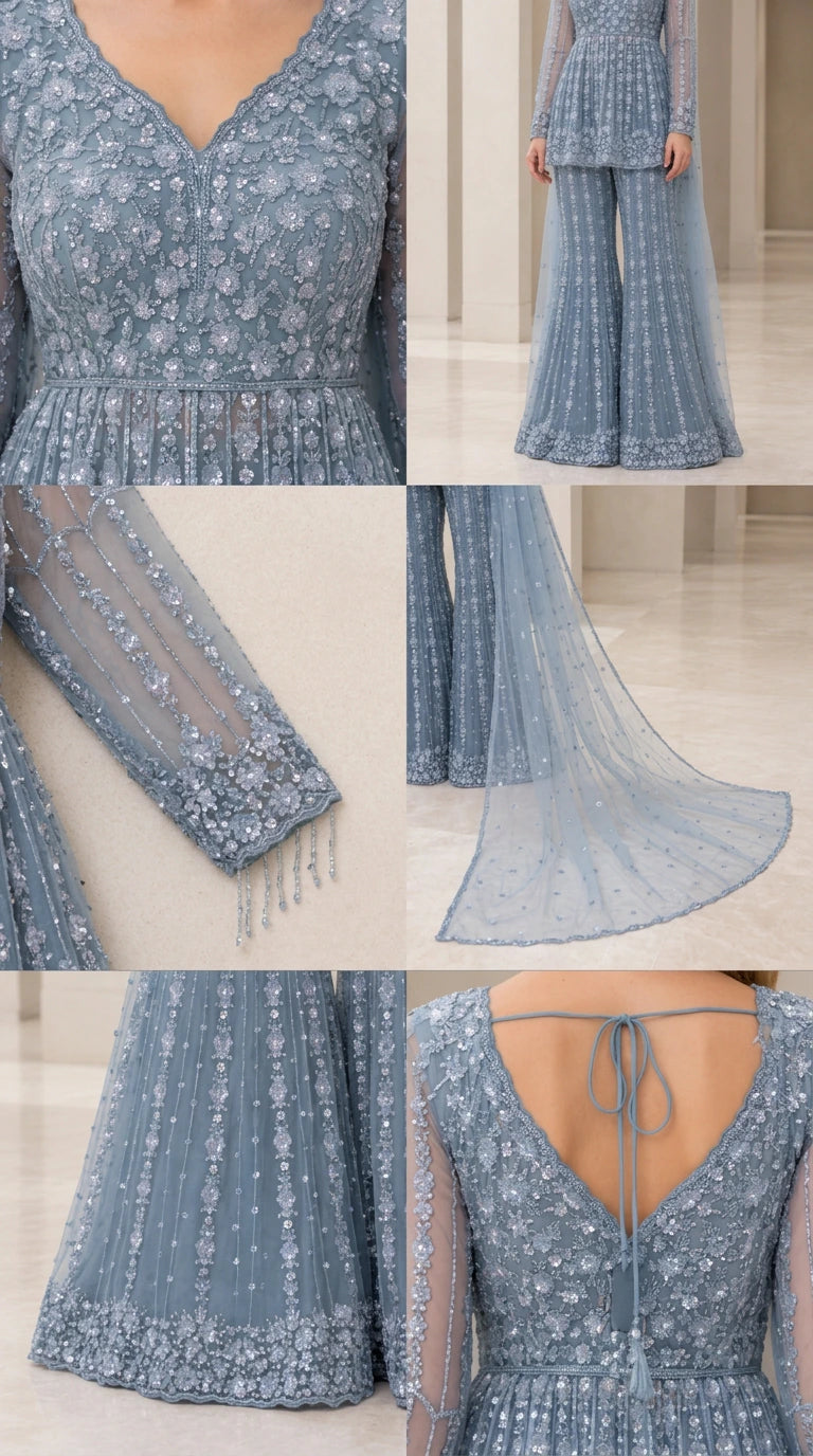 Detailed collage of dusty blue embroidery, sheer beaded cuff, and hem