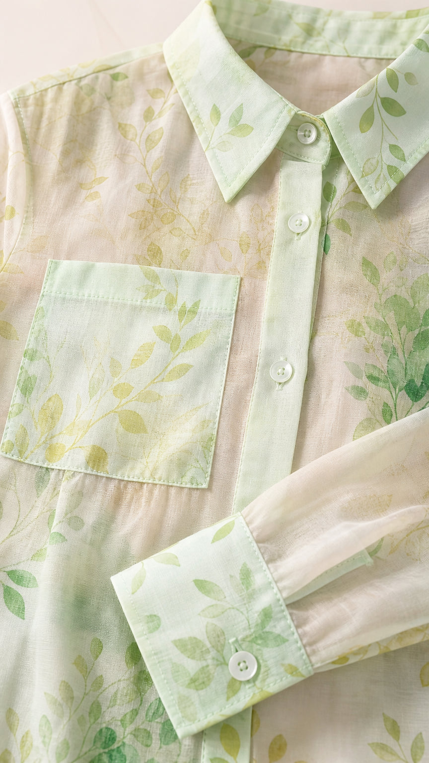 Close up of collar, pocket, and sleeve detail