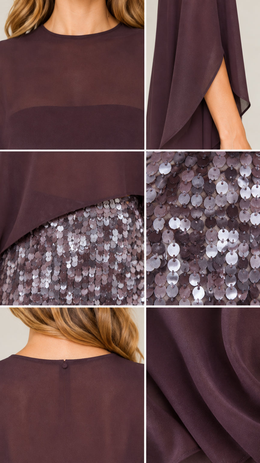 Close-up details of round neckline, chiffon fabric, and sequin texture in plum