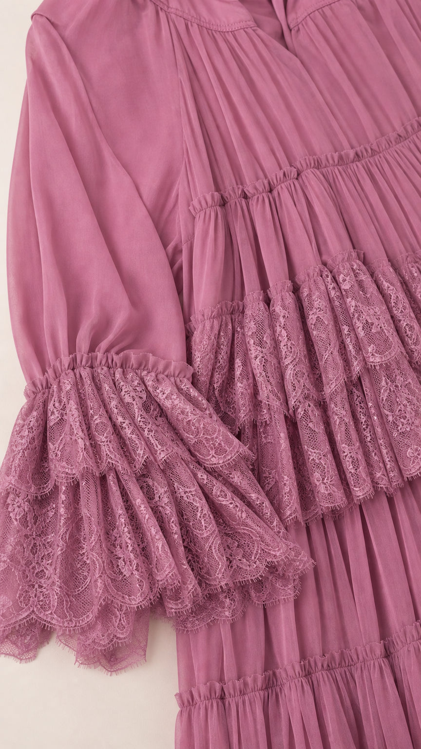 Close-up detail of sleeve and tiered lace ruffles