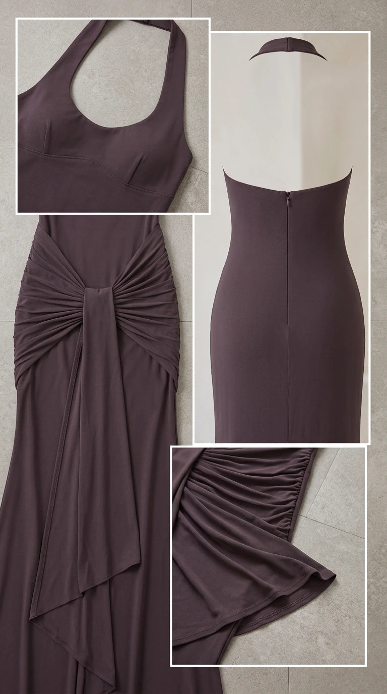 Close-up details of neckline, back zipper, and ruched drape fabric