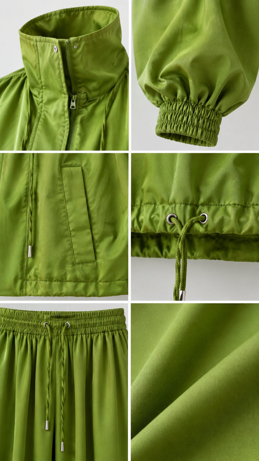 Close-up details of funnel collar, zipper, cuff gathers, and drawstring toggle on green fabric