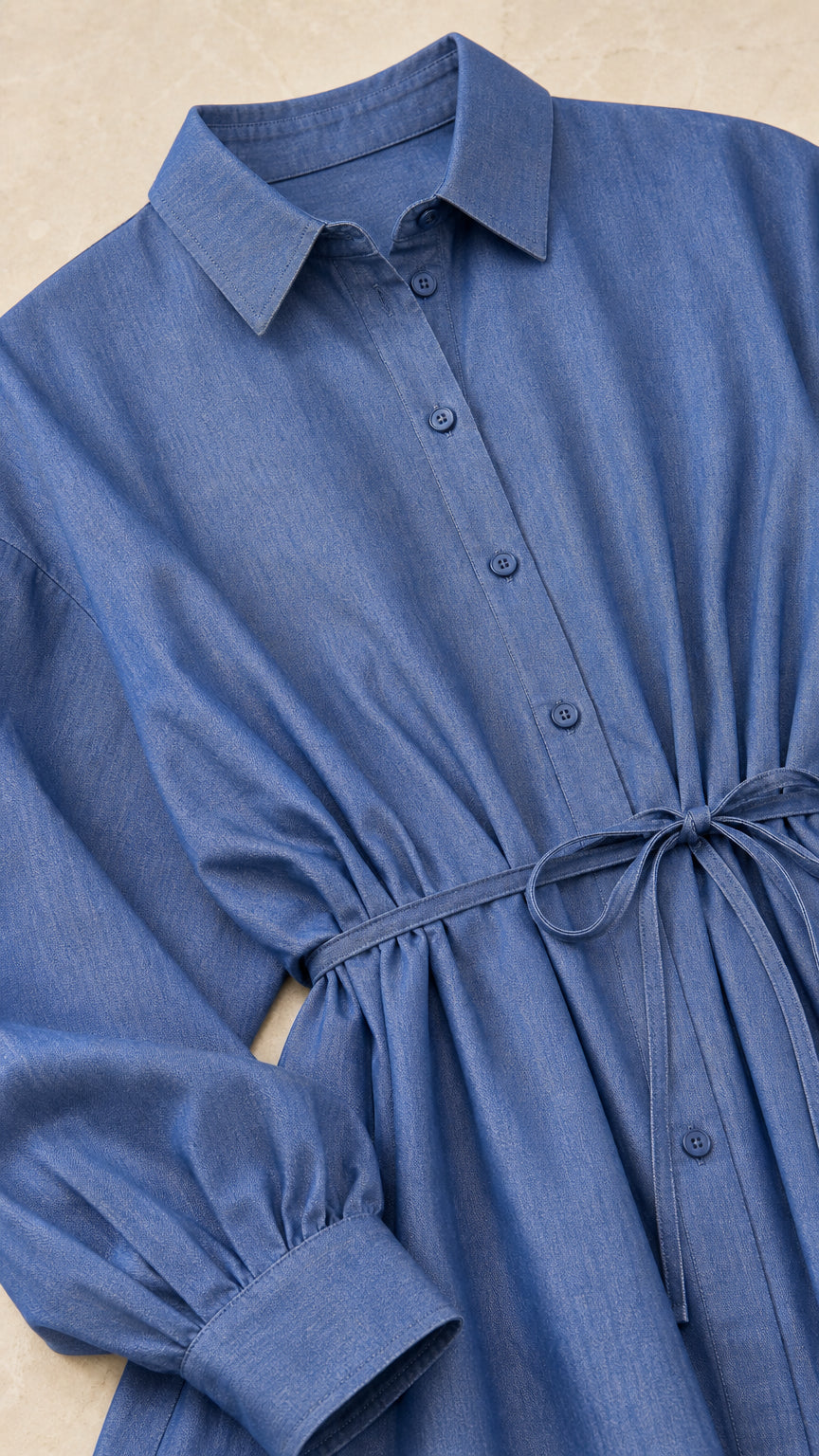 Close-up detail of Denim Blue shirt collar, front buttons, and drawstring waist