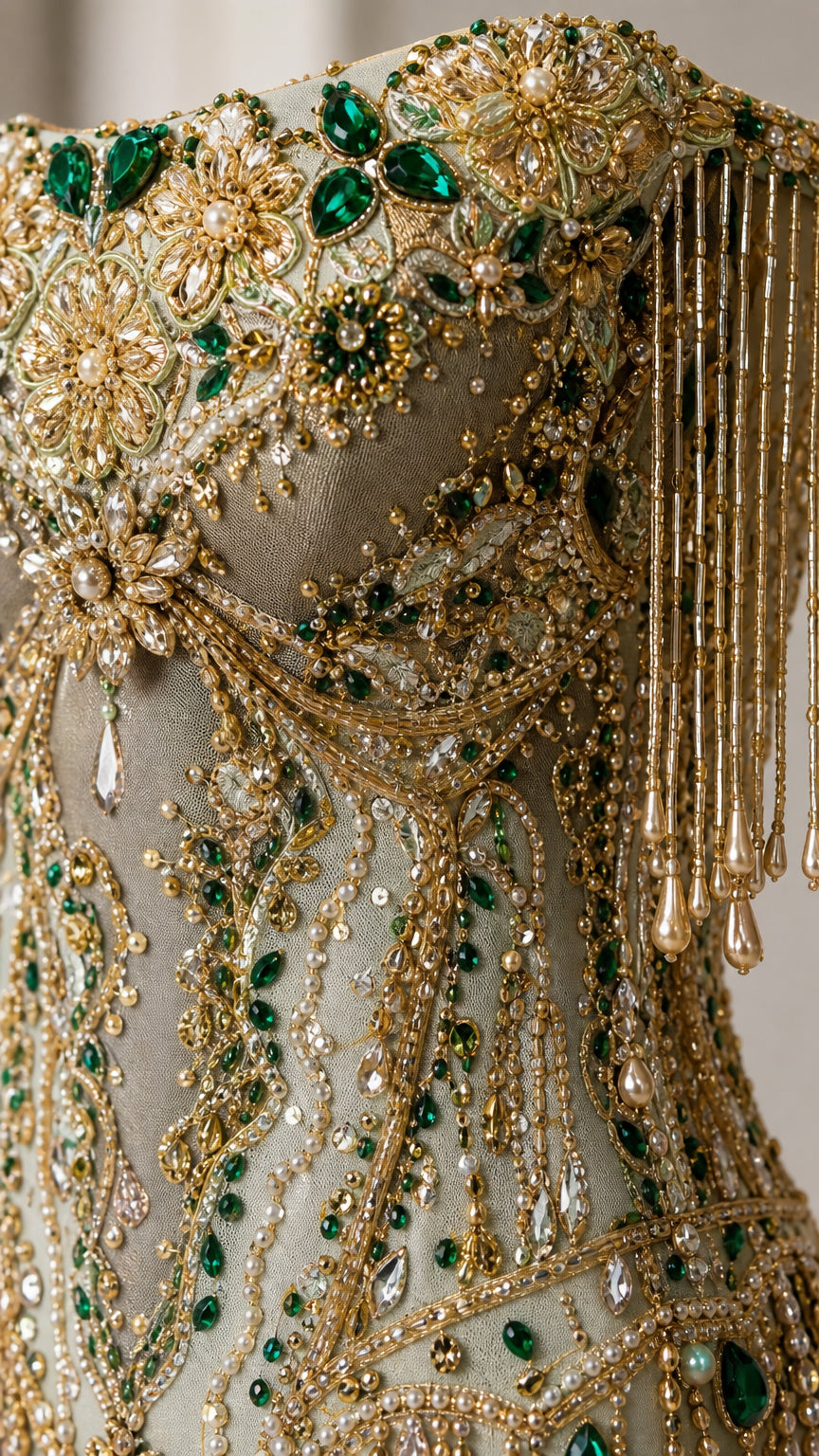 Close-up detail of emerald crystals, gold beading, and fringe sleeve accents