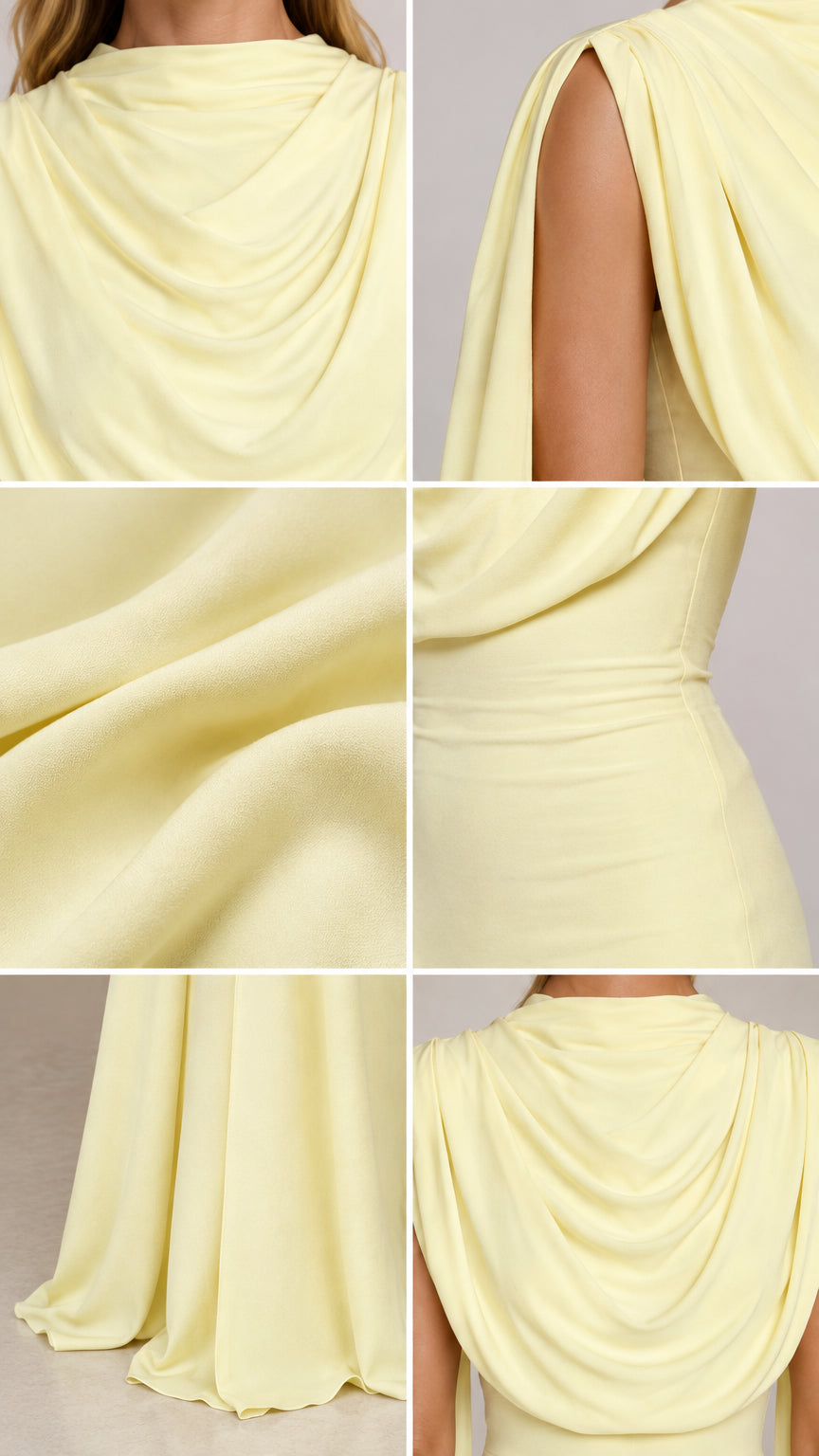 Close-up details of fabric texture, cowl neckline, armhole, and drape construction