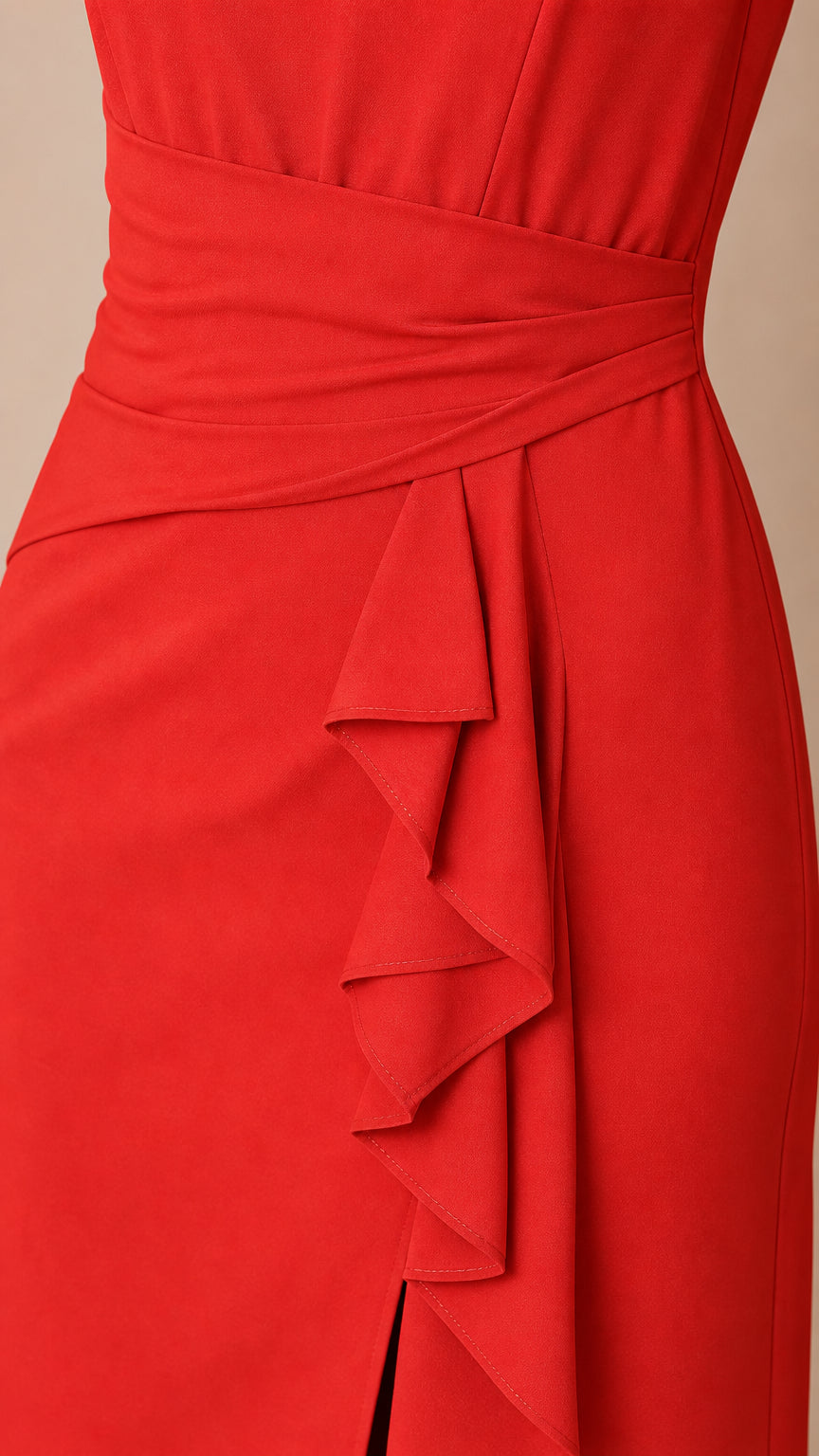 Close-up detail of the draped waist wrap and cascading side ruffle on the red dress