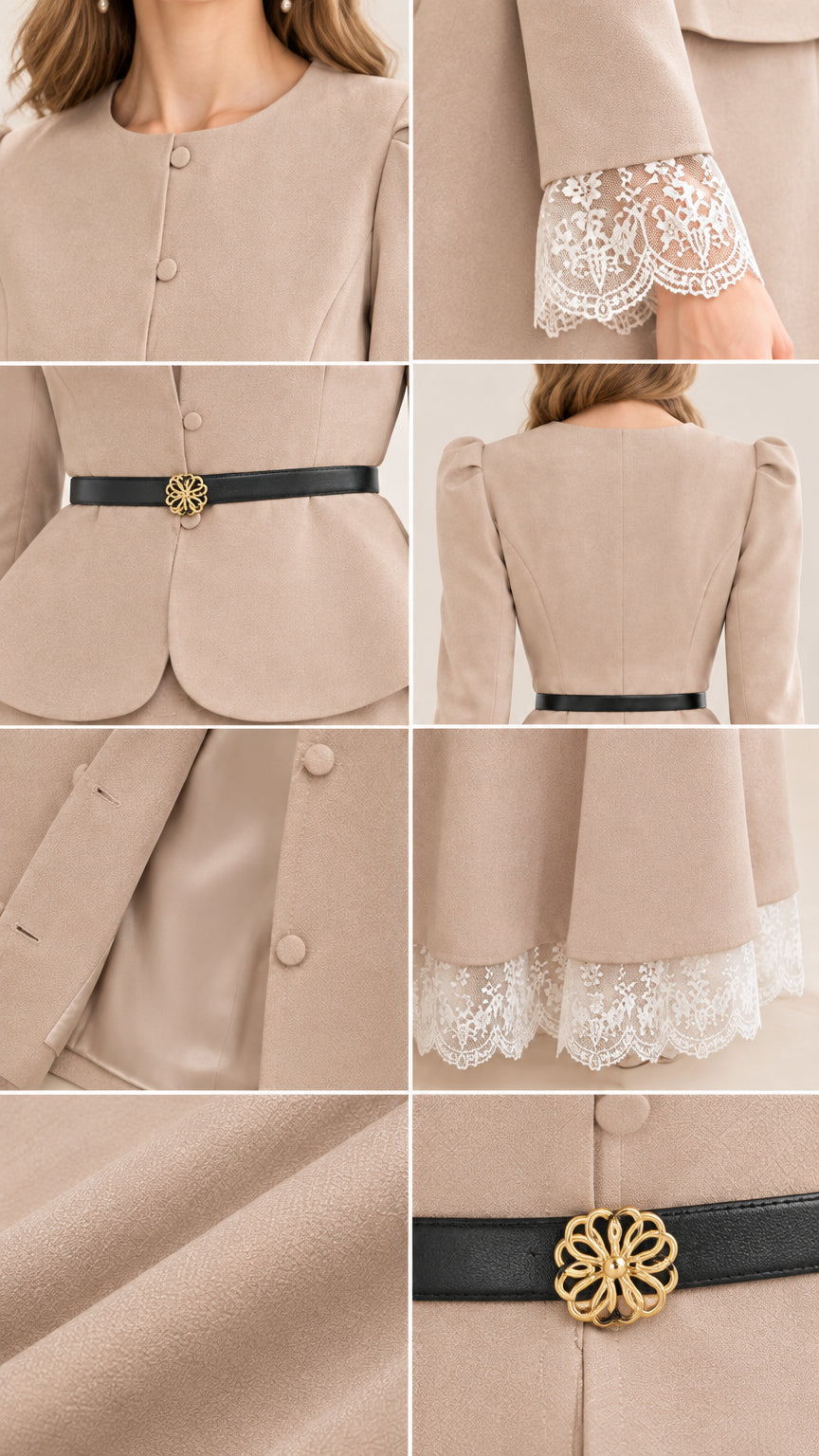 Detailed collage showing round neckline, lace cuffs, belted waist, buttons, and lace hem