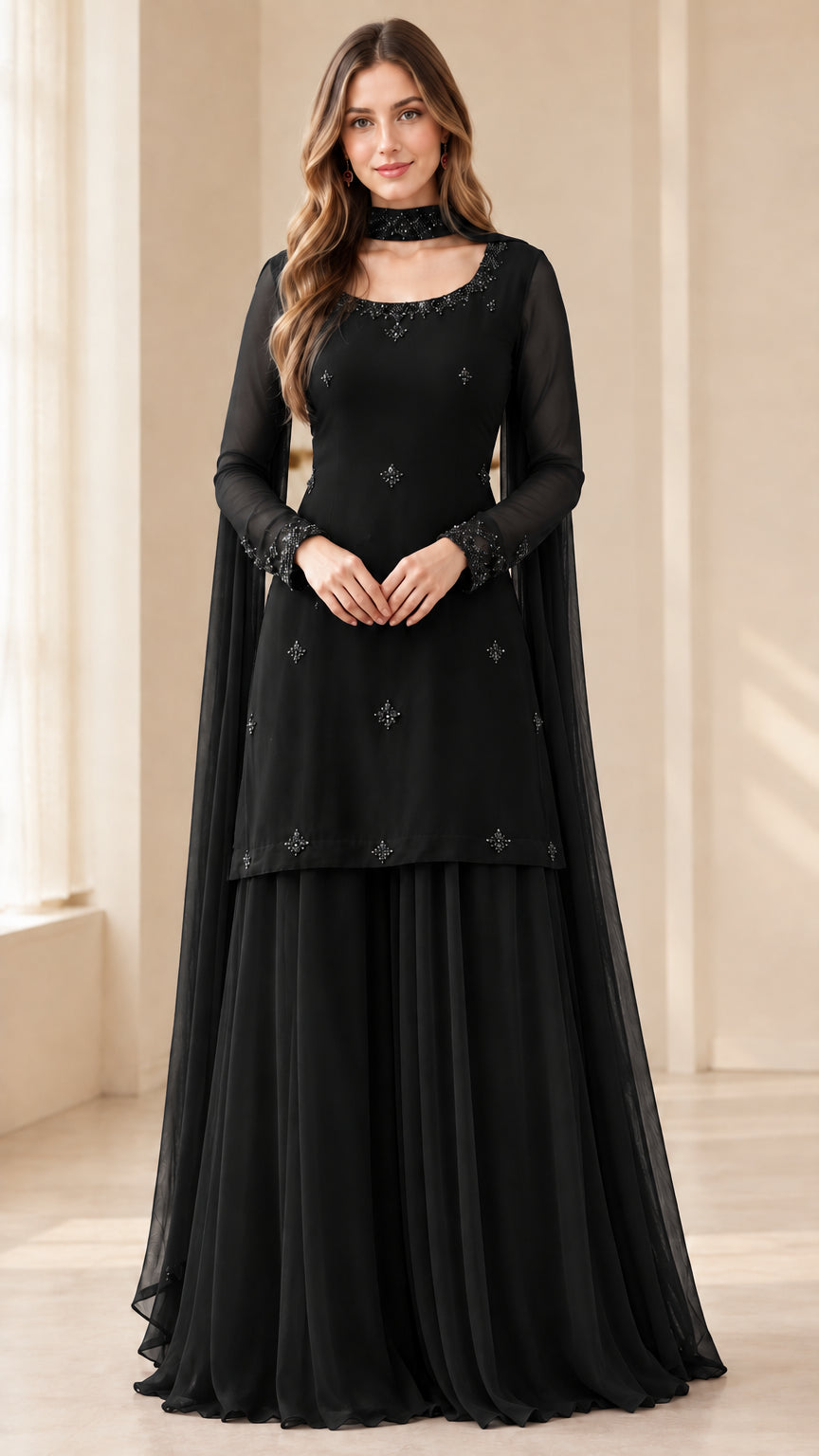 Front full-length view of woman in black beaded sharara suit set