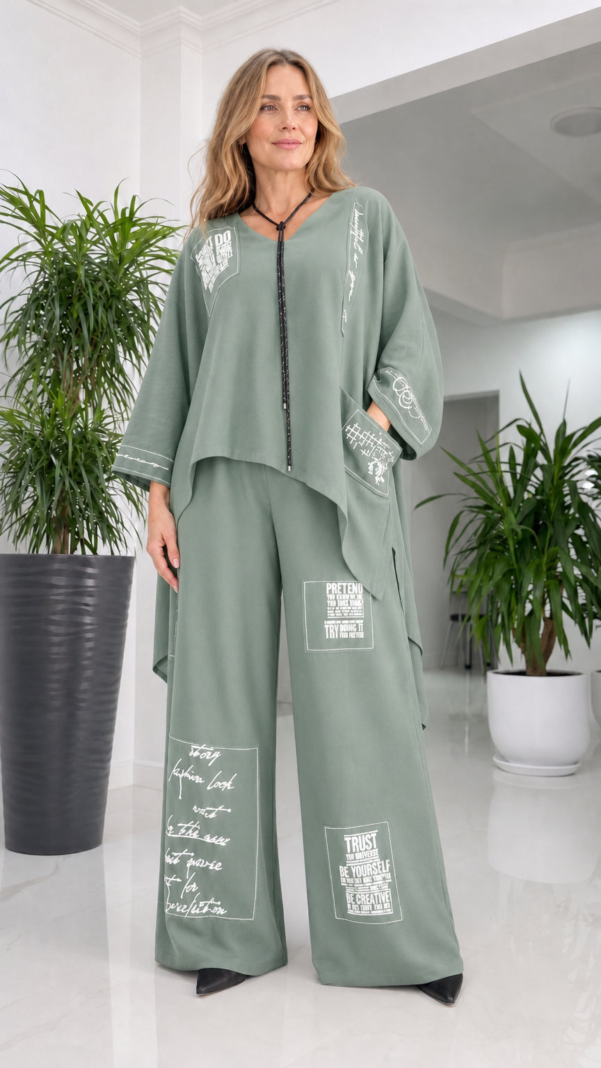 Front view of woman wearing sage green pant set