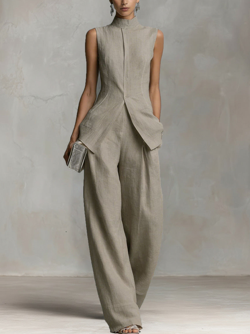 Women’s Sleeveless High-Neck Button Top & Wide Leg Pants Set
