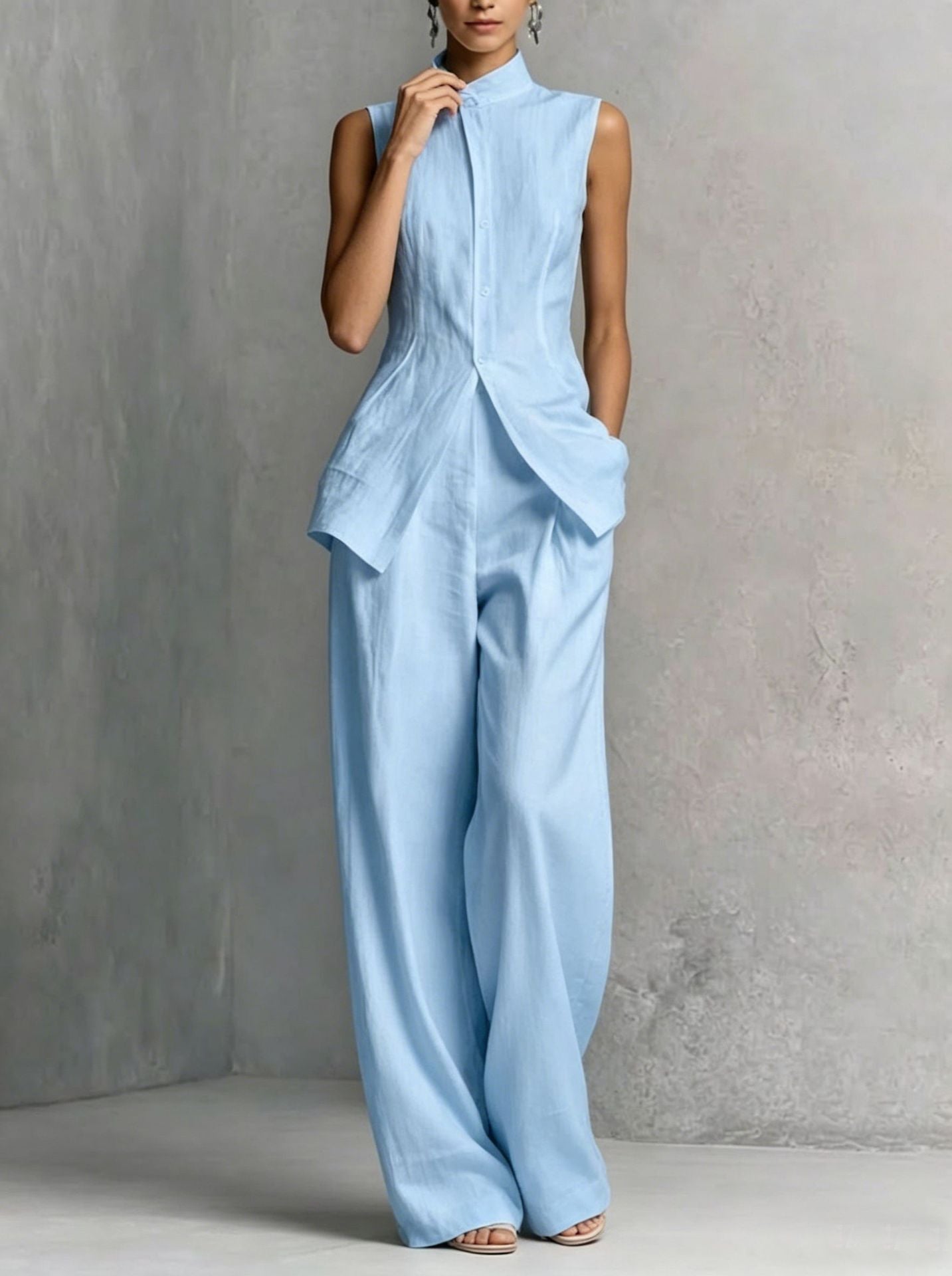 Women’s Sleeveless High-Neck Button Top & Wide Leg Pants Set