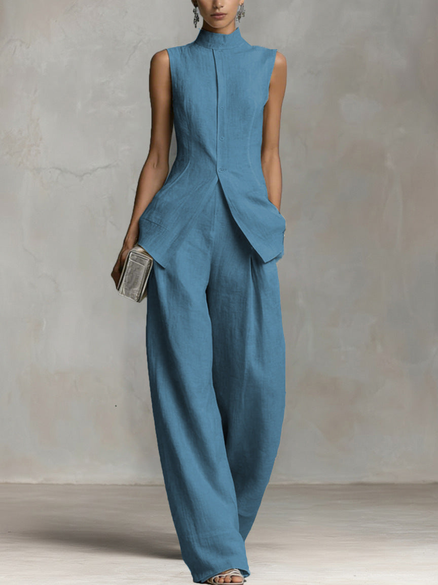 Women’s Sleeveless High-Neck Button Top & Wide Leg Pants Set