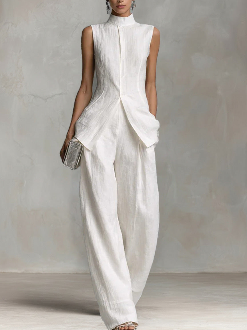 Women’s Sleeveless High-Neck Button Top & Wide Leg Pants Set
