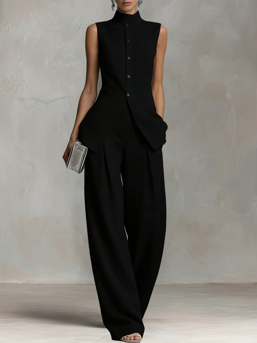 Women’s Sleeveless High-Neck Button Top & Wide Leg Pants Set