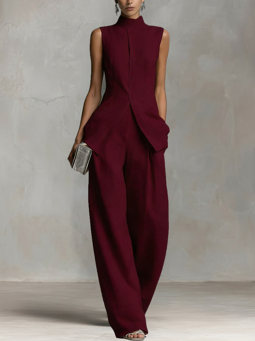 Women’s Sleeveless High-Neck Button Top & Wide Leg Pants Set
